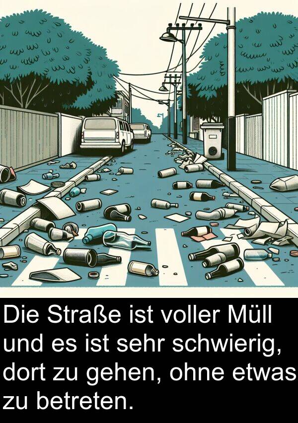 gehen: Die Straße ist voller Müll und es ist sehr schwierig, dort zu gehen, ohne etwas zu betreten.