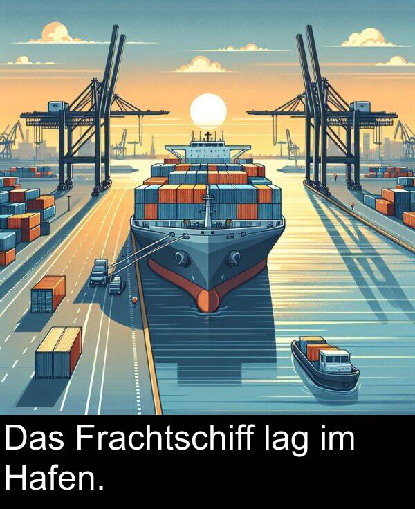 Frachtschiff: Das Frachtschiff lag im Hafen.