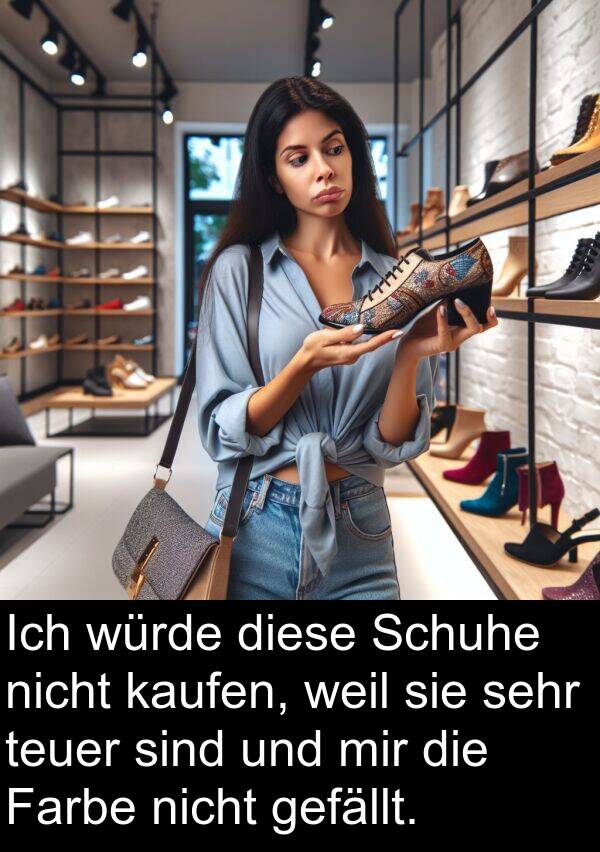 kaufen: Ich würde diese Schuhe nicht kaufen, weil sie sehr teuer sind und mir die Farbe nicht gefällt.