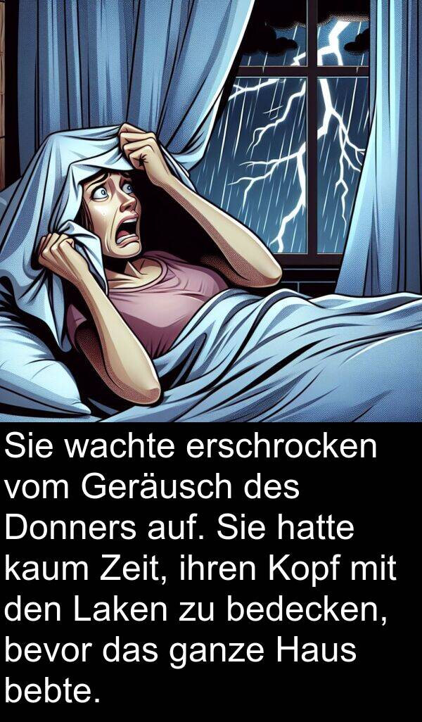 Donners: Sie wachte erschrocken vom Geräusch des Donners auf. Sie hatte kaum Zeit, ihren Kopf mit den Laken zu bedecken, bevor das ganze Haus bebte.