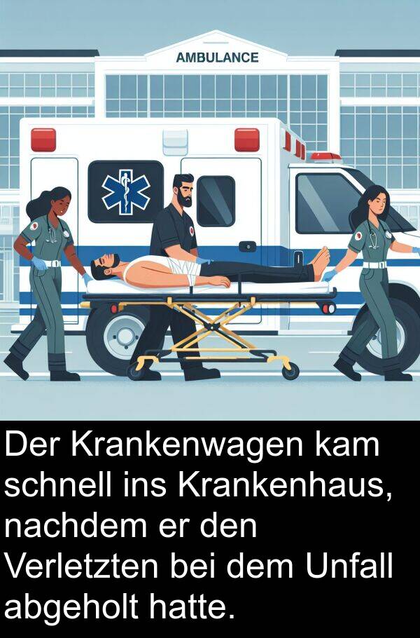 kam: Der Krankenwagen kam schnell ins Krankenhaus, nachdem er den Verletzten bei dem Unfall abgeholt hatte.