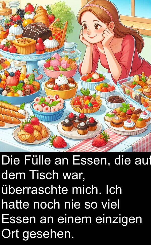 Tisch: Die Fülle an Essen, die auf dem Tisch war, überraschte mich. Ich hatte noch nie so viel Essen an einem einzigen Ort gesehen.