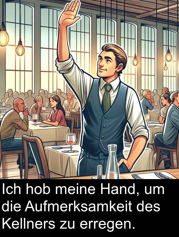 Hand: Ich hob meine Hand, um die Aufmerksamkeit des Kellners zu erregen.