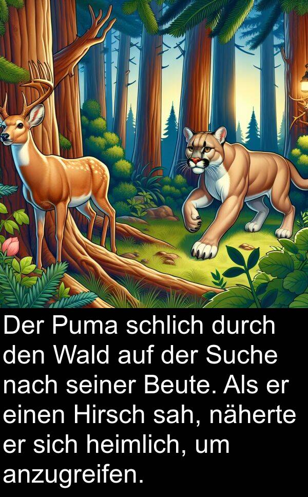 näherte: Der Puma schlich durch den Wald auf der Suche nach seiner Beute. Als er einen Hirsch sah, näherte er sich heimlich, um anzugreifen.