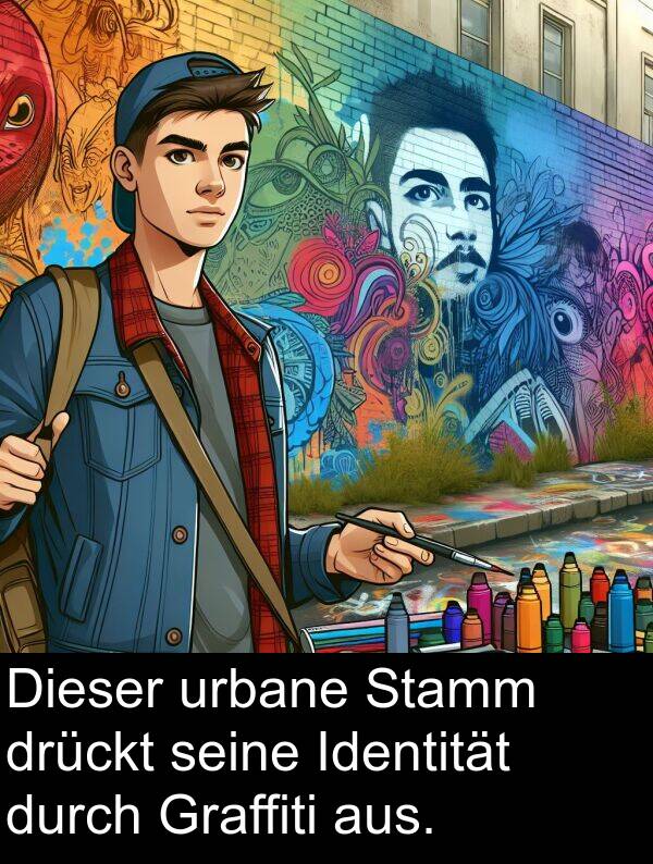 drückt: Dieser urbane Stamm drückt seine Identität durch Graffiti aus.