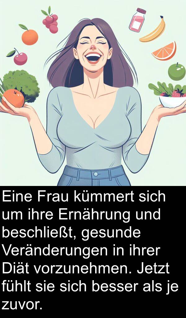 Diät: Eine Frau kümmert sich um ihre Ernährung und beschließt, gesunde Veränderungen in ihrer Diät vorzunehmen. Jetzt fühlt sie sich besser als je zuvor.