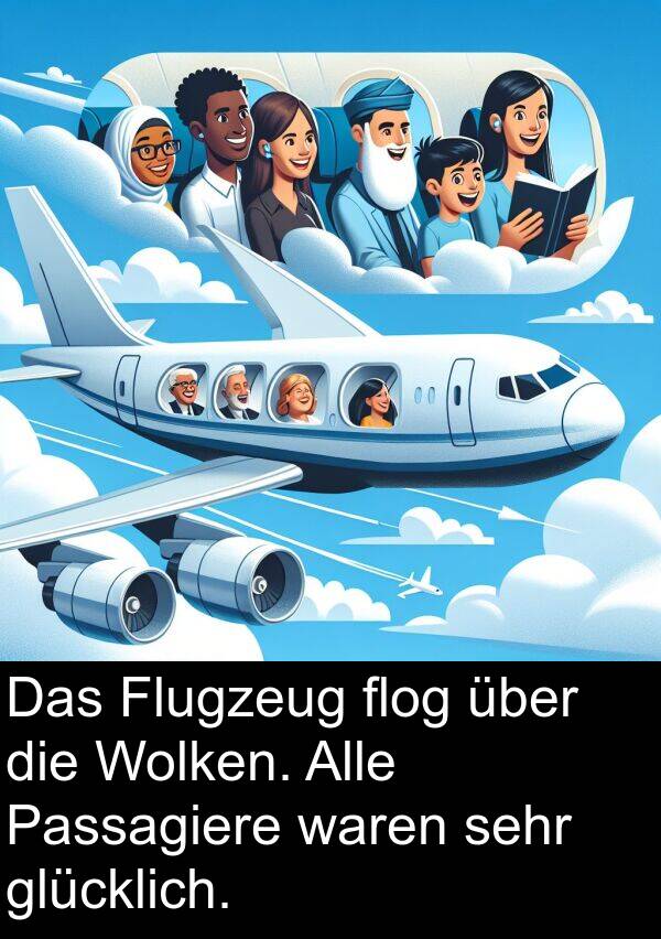 Flugzeug: Das Flugzeug flog über die Wolken. Alle Passagiere waren sehr glücklich.