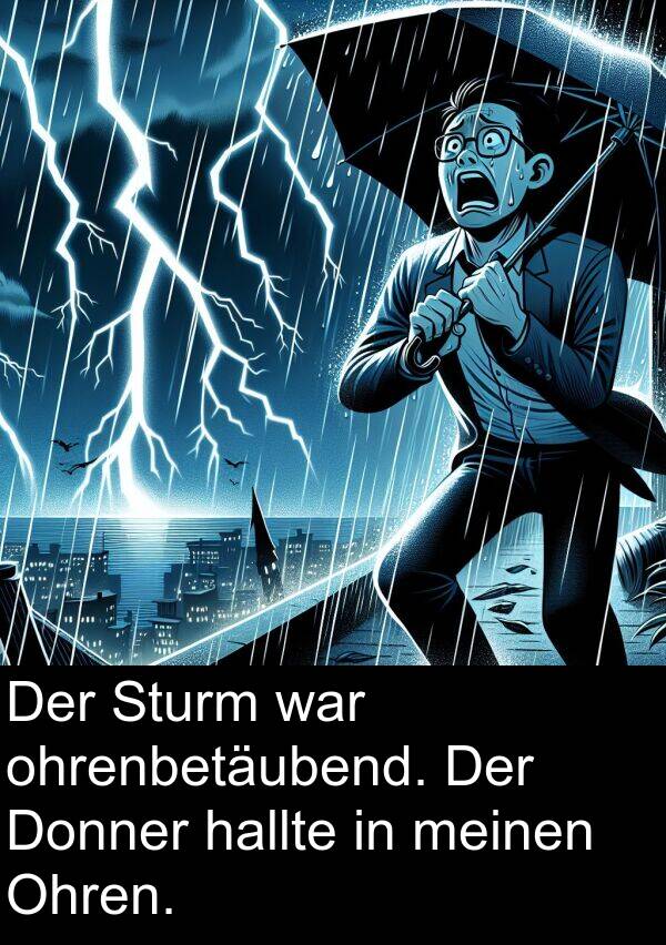 hallte: Der Sturm war ohrenbetäubend. Der Donner hallte in meinen Ohren.