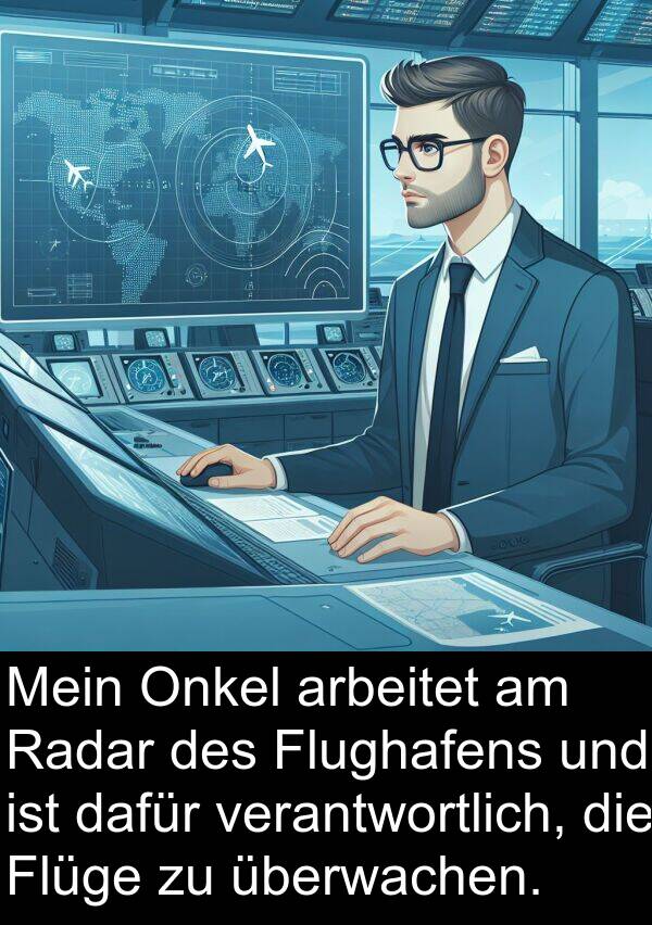 verantwortlich: Mein Onkel arbeitet am Radar des Flughafens und ist dafür verantwortlich, die Flüge zu überwachen.