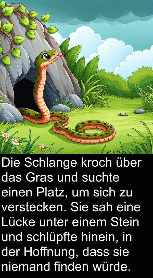 Lücke: Die Schlange kroch über das Gras und suchte einen Platz, um sich zu verstecken. Sie sah eine Lücke unter einem Stein und schlüpfte hinein, in der Hoffnung, dass sie niemand finden würde.