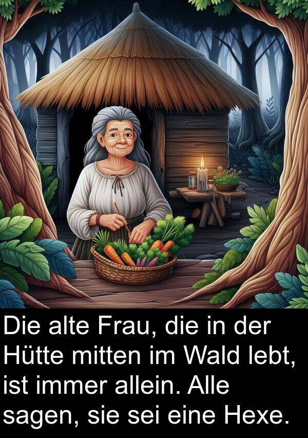 lebt: Die alte Frau, die in der Hütte mitten im Wald lebt, ist immer allein. Alle sagen, sie sei eine Hexe.