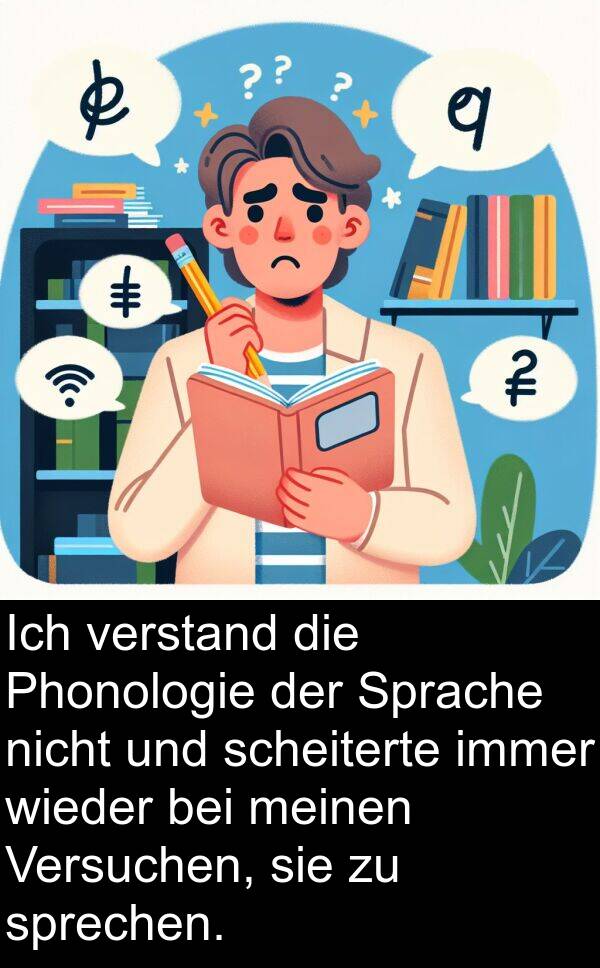 sprechen: Ich verstand die Phonologie der Sprache nicht und scheiterte immer wieder bei meinen Versuchen, sie zu sprechen.