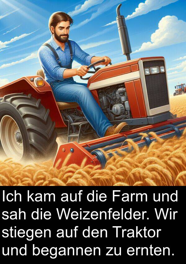 kam: Ich kam auf die Farm und sah die Weizenfelder. Wir stiegen auf den Traktor und begannen zu ernten.