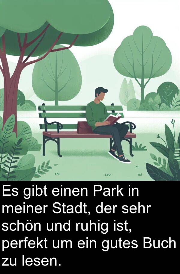 Park: Es gibt einen Park in meiner Stadt, der sehr schön und ruhig ist, perfekt um ein gutes Buch zu lesen.