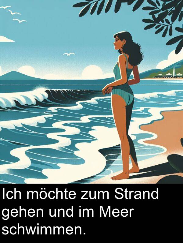 gehen: Ich möchte zum Strand gehen und im Meer schwimmen.