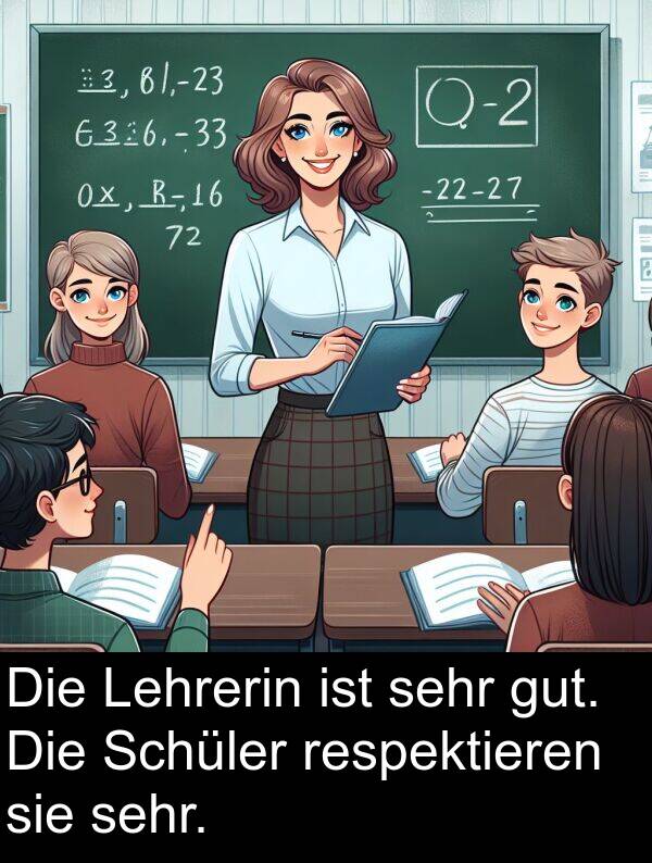 Lehrerin: Die Lehrerin ist sehr gut. Die Schüler respektieren sie sehr.