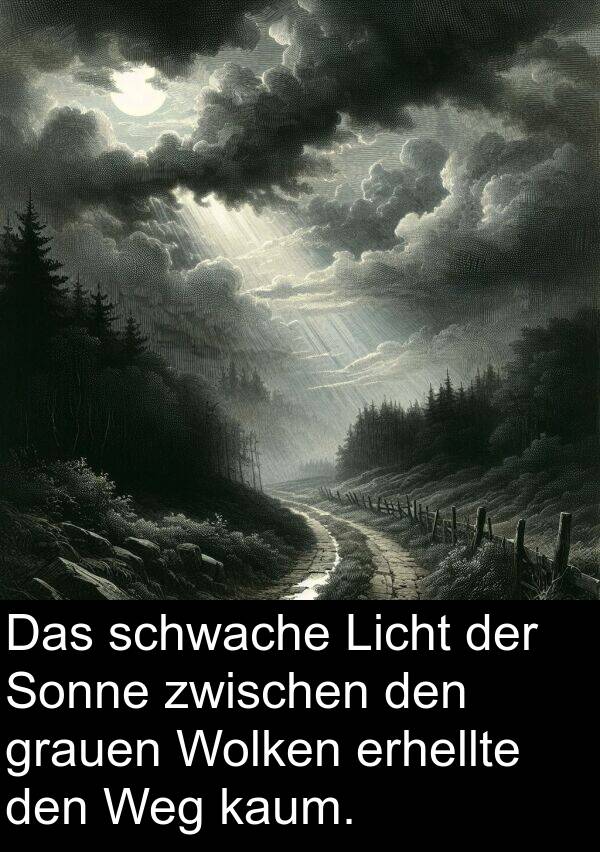 kaum: Das schwache Licht der Sonne zwischen den grauen Wolken erhellte den Weg kaum.