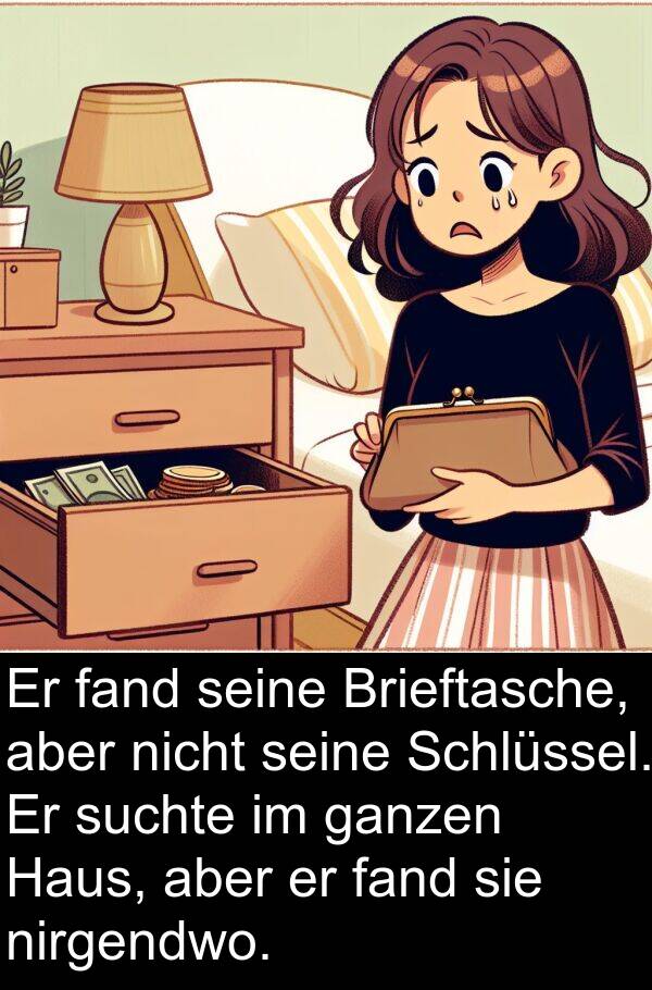 ganzen: Er fand seine Brieftasche, aber nicht seine Schlüssel. Er suchte im ganzen Haus, aber er fand sie nirgendwo.