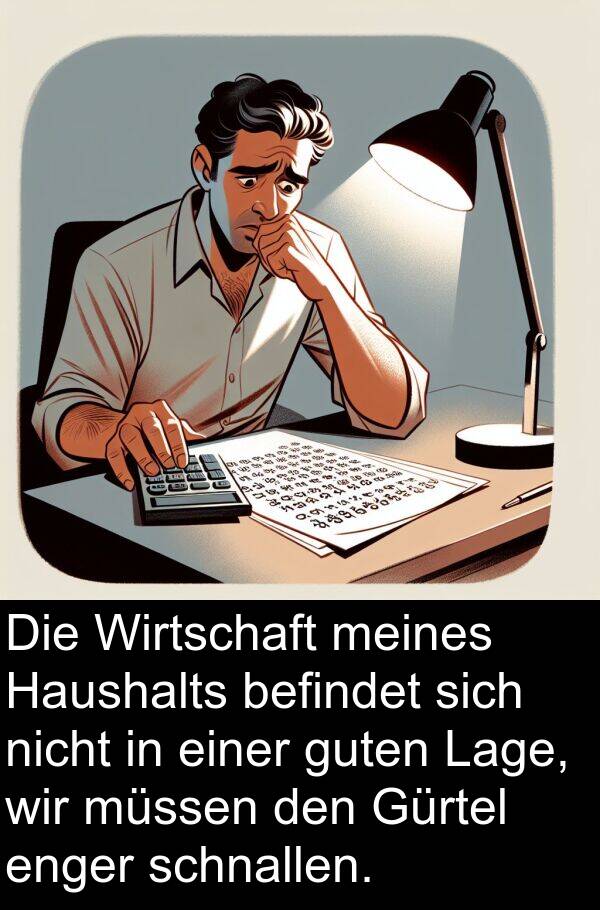 enger: Die Wirtschaft meines Haushalts befindet sich nicht in einer guten Lage, wir müssen den Gürtel enger schnallen.