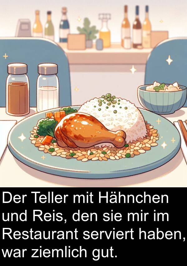 ziemlich: Der Teller mit Hähnchen und Reis, den sie mir im Restaurant serviert haben, war ziemlich gut.