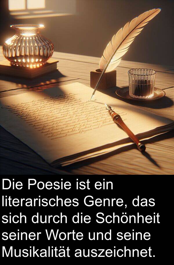 auszeichnet: Die Poesie ist ein literarisches Genre, das sich durch die Schönheit seiner Worte und seine Musikalität auszeichnet.