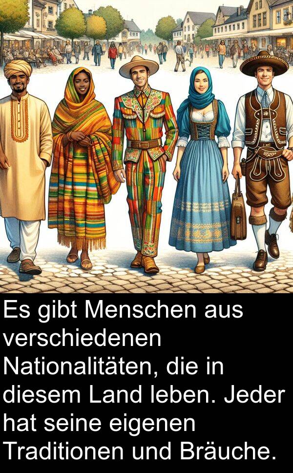 diesem: Es gibt Menschen aus verschiedenen Nationalitäten, die in diesem Land leben. Jeder hat seine eigenen Traditionen und Bräuche.