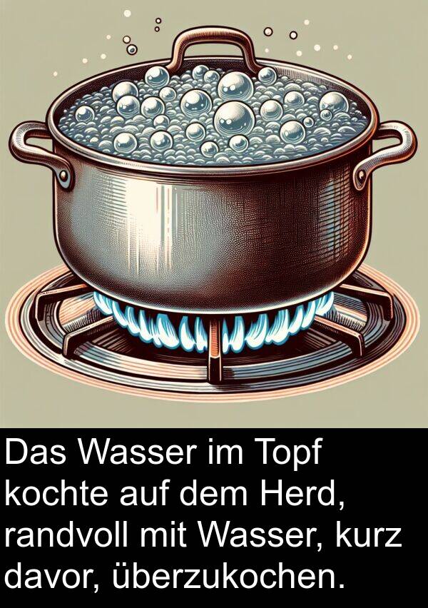 Wasser: Das Wasser im Topf kochte auf dem Herd, randvoll mit Wasser, kurz davor, überzukochen.