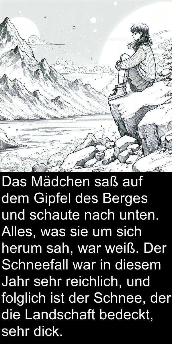 Mädchen: Das Mädchen saß auf dem Gipfel des Berges und schaute nach unten. Alles, was sie um sich herum sah, war weiß. Der Schneefall war in diesem Jahr sehr reichlich, und folglich ist der Schnee, der die Landschaft bedeckt, sehr dick.