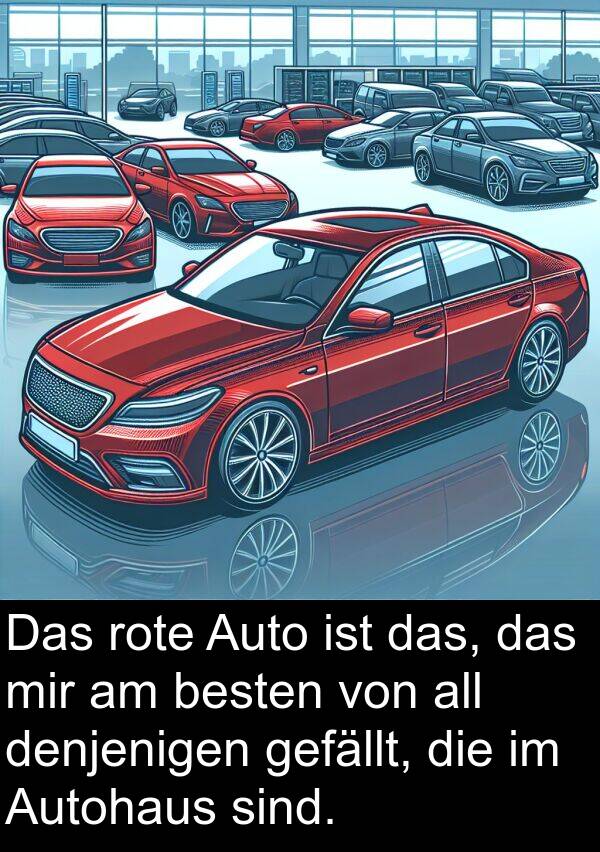 gefällt: Das rote Auto ist das, das mir am besten von all denjenigen gefällt, die im Autohaus sind.