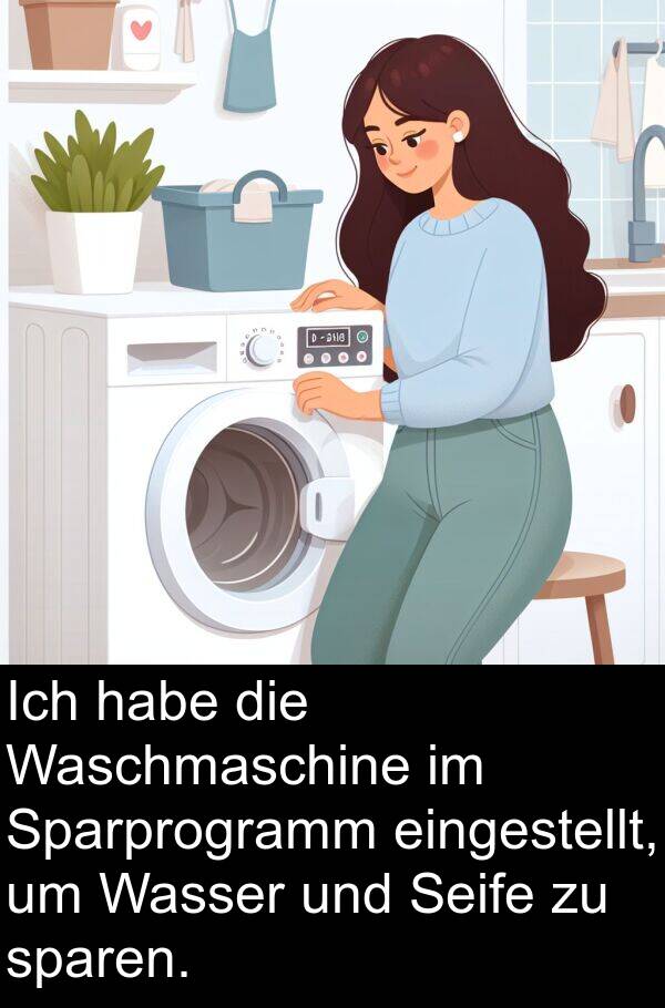 eingestellt: Ich habe die Waschmaschine im Sparprogramm eingestellt, um Wasser und Seife zu sparen.