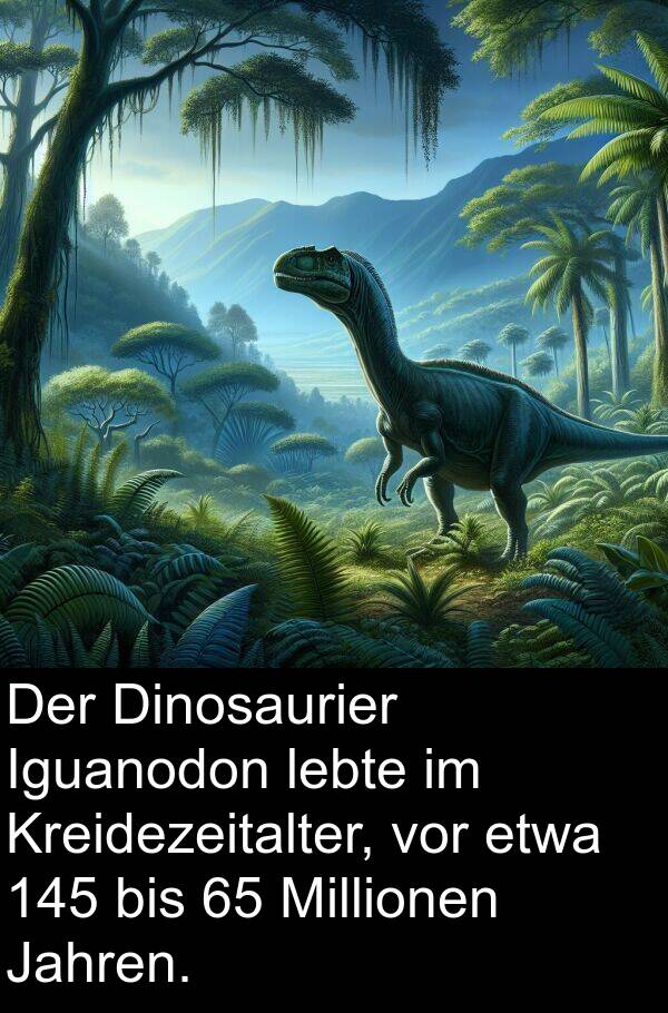 lebte: Der Dinosaurier Iguanodon lebte im Kreidezeitalter, vor etwa 145 bis 65 Millionen Jahren.