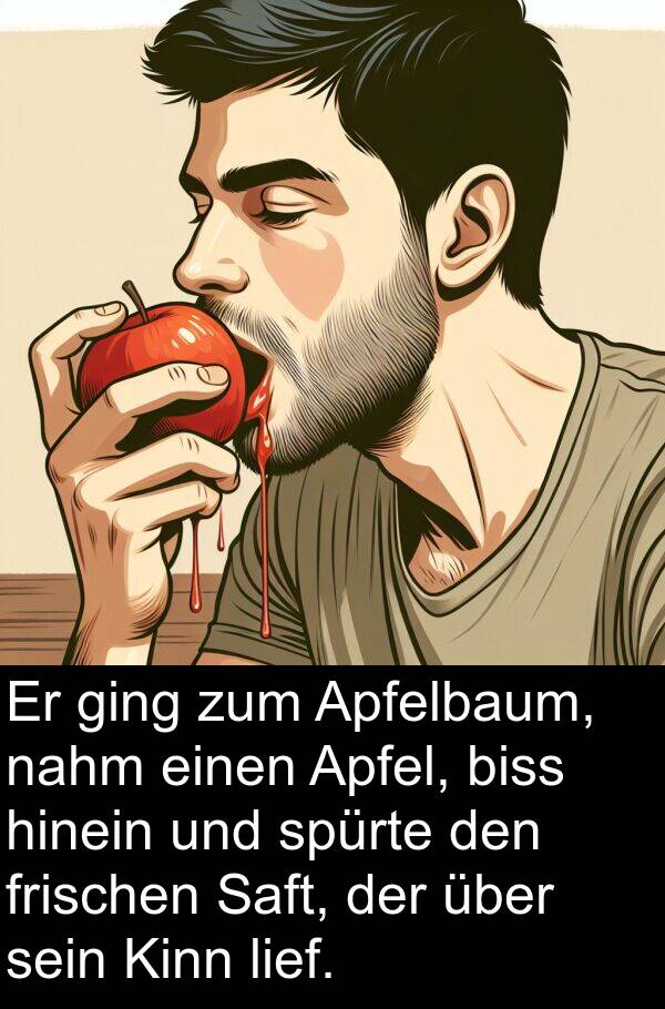 Kinn: Er ging zum Apfelbaum, nahm einen Apfel, biss hinein und spürte den frischen Saft, der über sein Kinn lief.