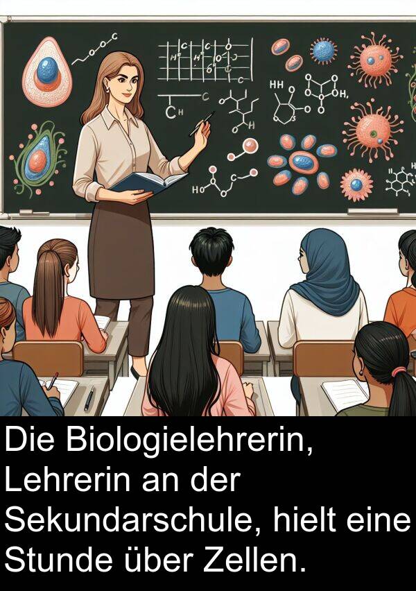 Lehrerin: Die Biologielehrerin, Lehrerin an der Sekundarschule, hielt eine Stunde über Zellen.