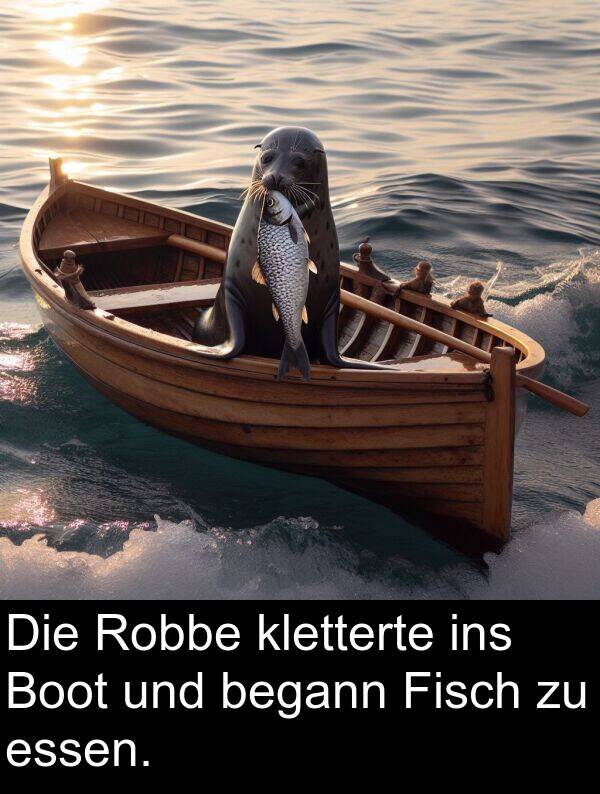 essen: Die Robbe kletterte ins Boot und begann Fisch zu essen.