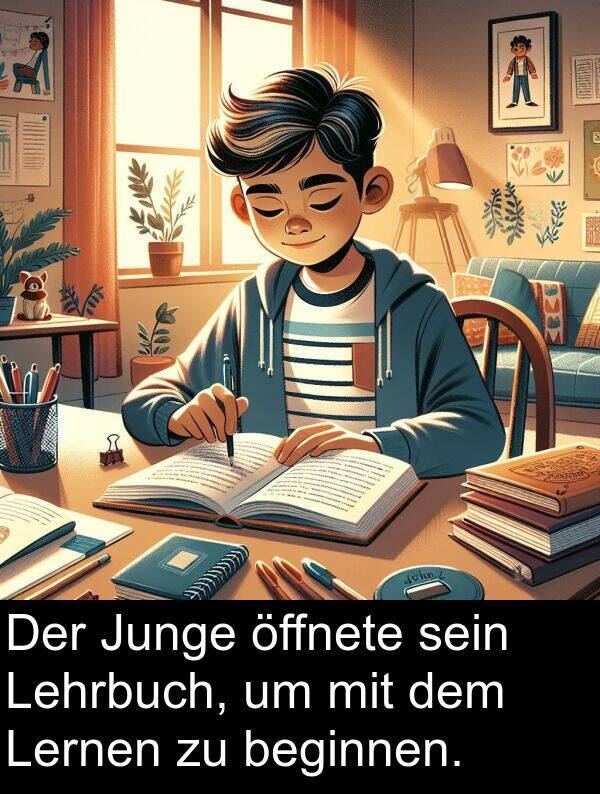 Junge: Der Junge öffnete sein Lehrbuch, um mit dem Lernen zu beginnen.