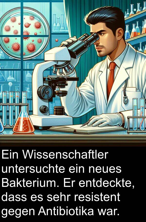 Bakterium: Ein Wissenschaftler untersuchte ein neues Bakterium. Er entdeckte, dass es sehr resistent gegen Antibiotika war.