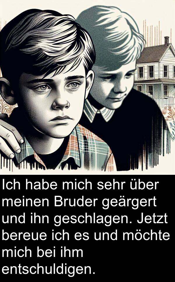 geärgert: Ich habe mich sehr über meinen Bruder geärgert und ihn geschlagen. Jetzt bereue ich es und möchte mich bei ihm entschuldigen.