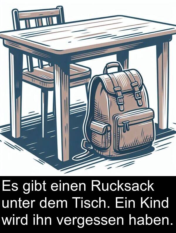 Kind: Es gibt einen Rucksack unter dem Tisch. Ein Kind wird ihn vergessen haben.