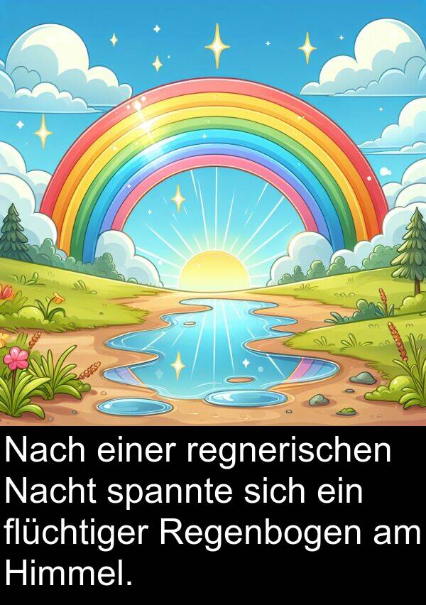 flüchtiger: Nach einer regnerischen Nacht spannte sich ein flüchtiger Regenbogen am Himmel.