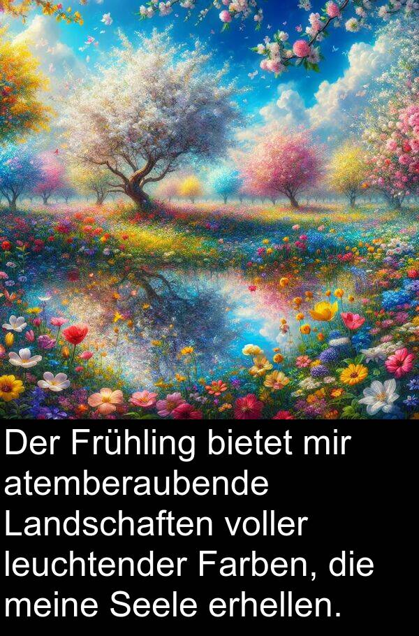 erhellen: Der Frühling bietet mir atemberaubende Landschaften voller leuchtender Farben, die meine Seele erhellen.