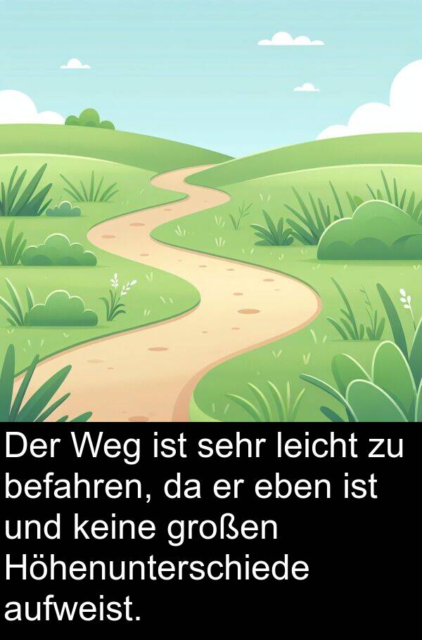 Höhenunterschiede: Der Weg ist sehr leicht zu befahren, da er eben ist und keine großen Höhenunterschiede aufweist.