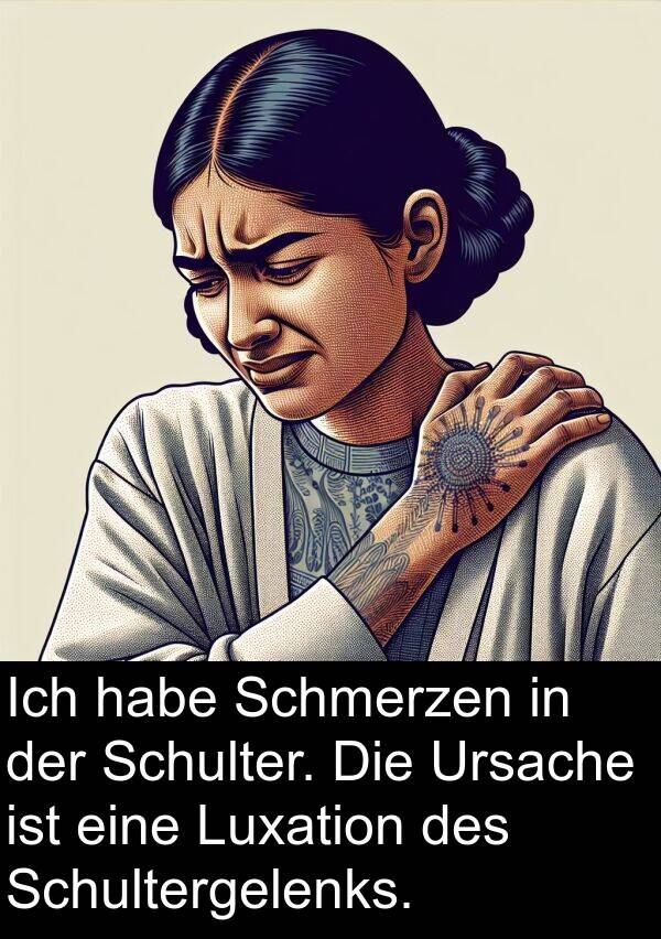 Ursache: Ich habe Schmerzen in der Schulter. Die Ursache ist eine Luxation des Schultergelenks.