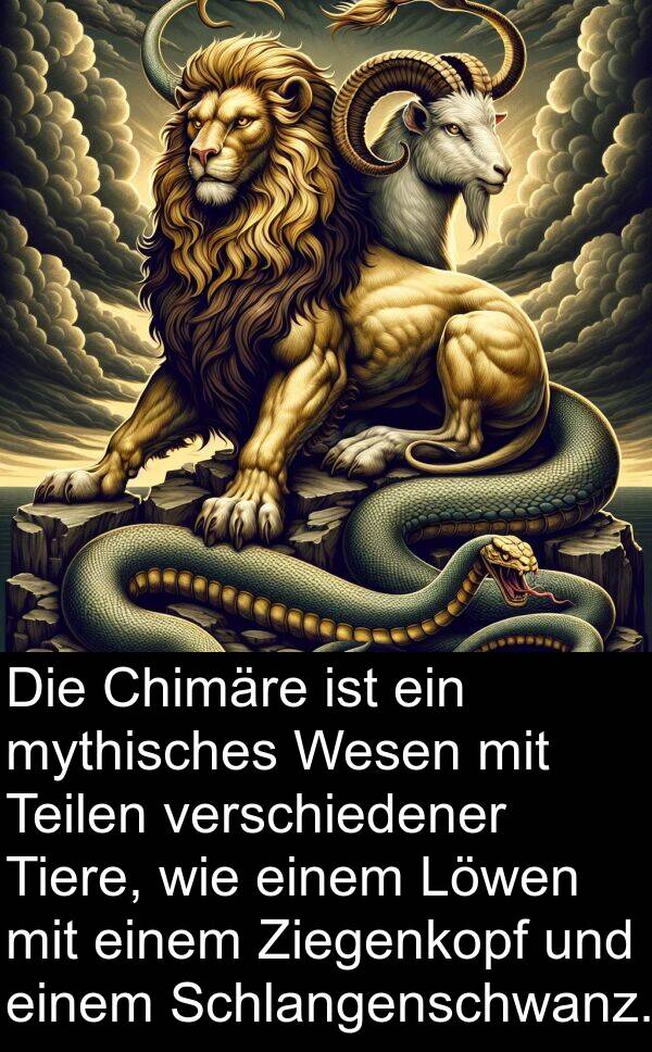 Teilen: Die Chimäre ist ein mythisches Wesen mit Teilen verschiedener Tiere, wie einem Löwen mit einem Ziegenkopf und einem Schlangenschwanz.