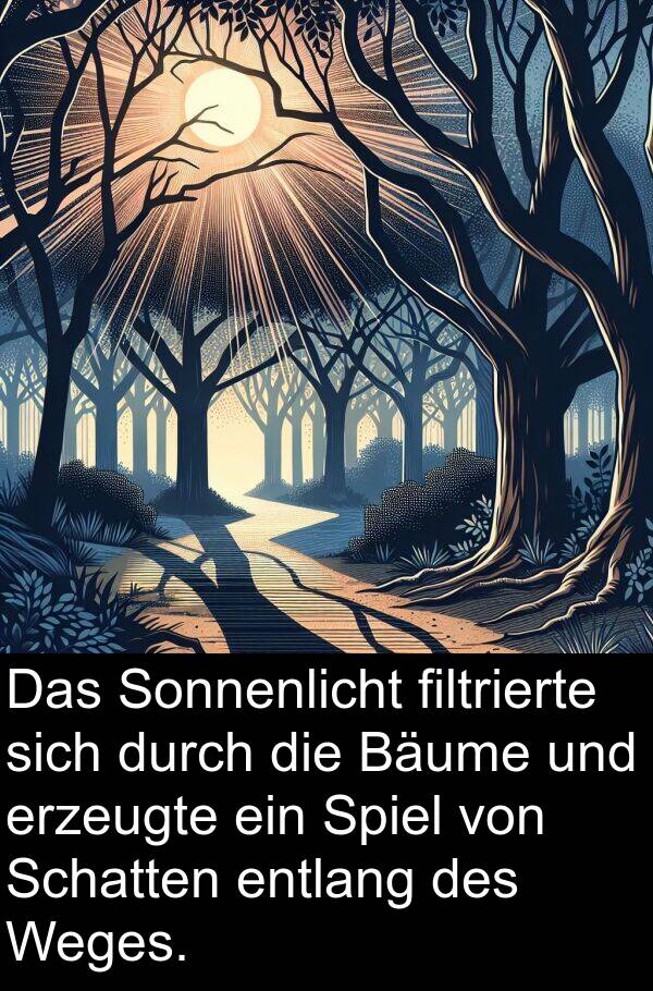 filtrierte: Das Sonnenlicht filtrierte sich durch die Bäume und erzeugte ein Spiel von Schatten entlang des Weges.