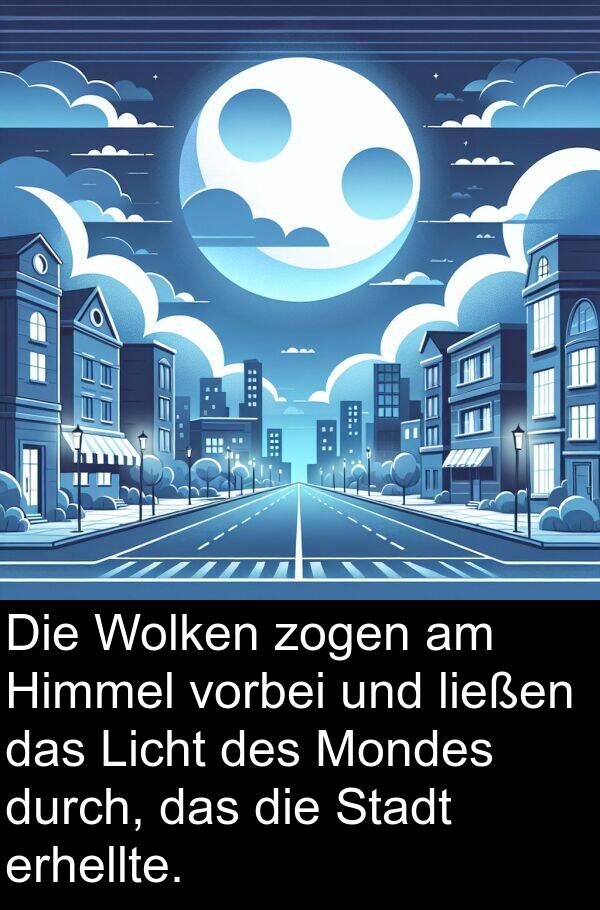 zogen: Die Wolken zogen am Himmel vorbei und ließen das Licht des Mondes durch, das die Stadt erhellte.