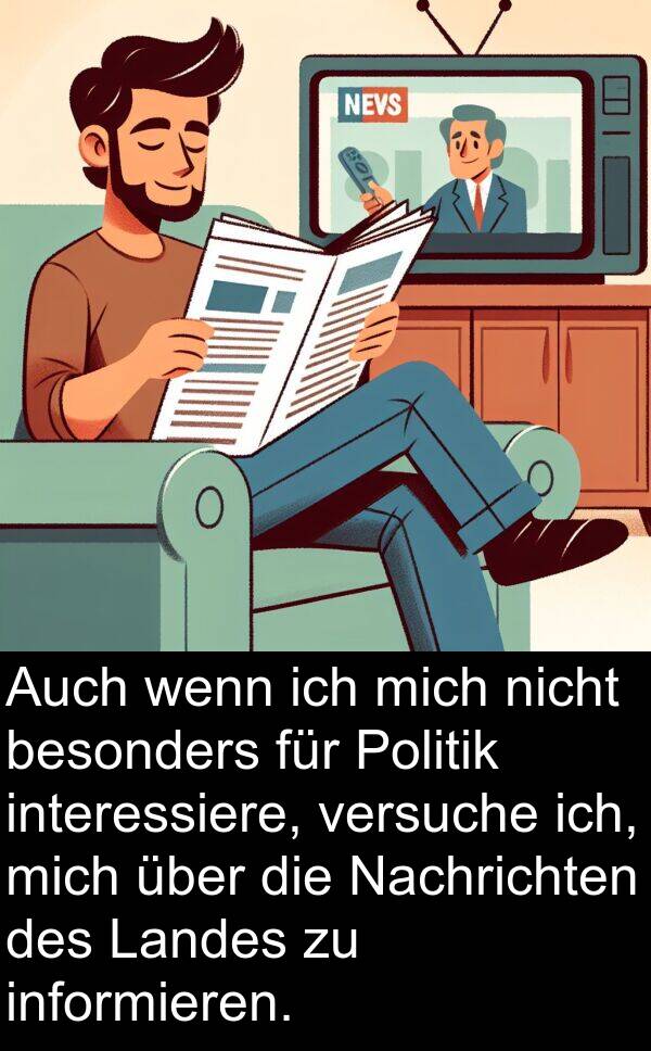 interessiere: Auch wenn ich mich nicht besonders für Politik interessiere, versuche ich, mich über die Nachrichten des Landes zu informieren.