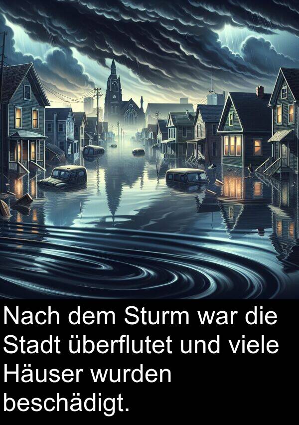 überflutet: Nach dem Sturm war die Stadt überflutet und viele Häuser wurden beschädigt.