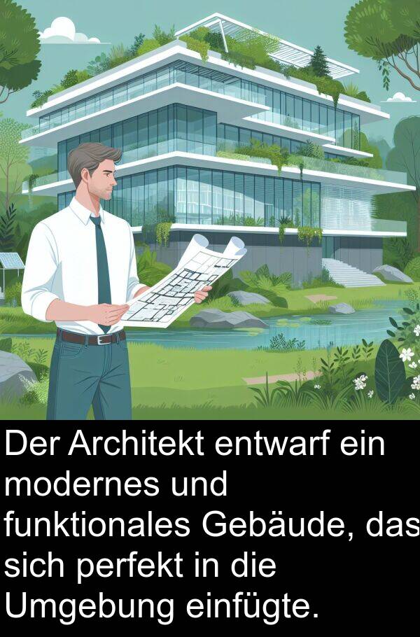 Gebäude: Der Architekt entwarf ein modernes und funktionales Gebäude, das sich perfekt in die Umgebung einfügte.