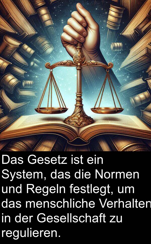 regulieren: Das Gesetz ist ein System, das die Normen und Regeln festlegt, um das menschliche Verhalten in der Gesellschaft zu regulieren.