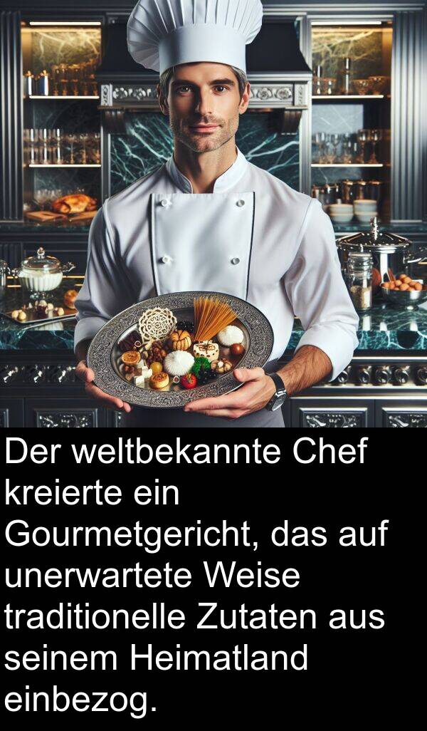 Gourmetgericht: Der weltbekannte Chef kreierte ein Gourmetgericht, das auf unerwartete Weise traditionelle Zutaten aus seinem Heimatland einbezog.